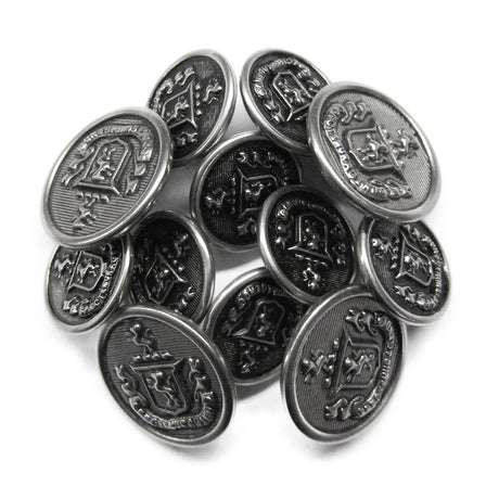 A pile of Lion Crest Design Metal Blazer Buttons in silver, each featuring a raised crest and decorative edge text.