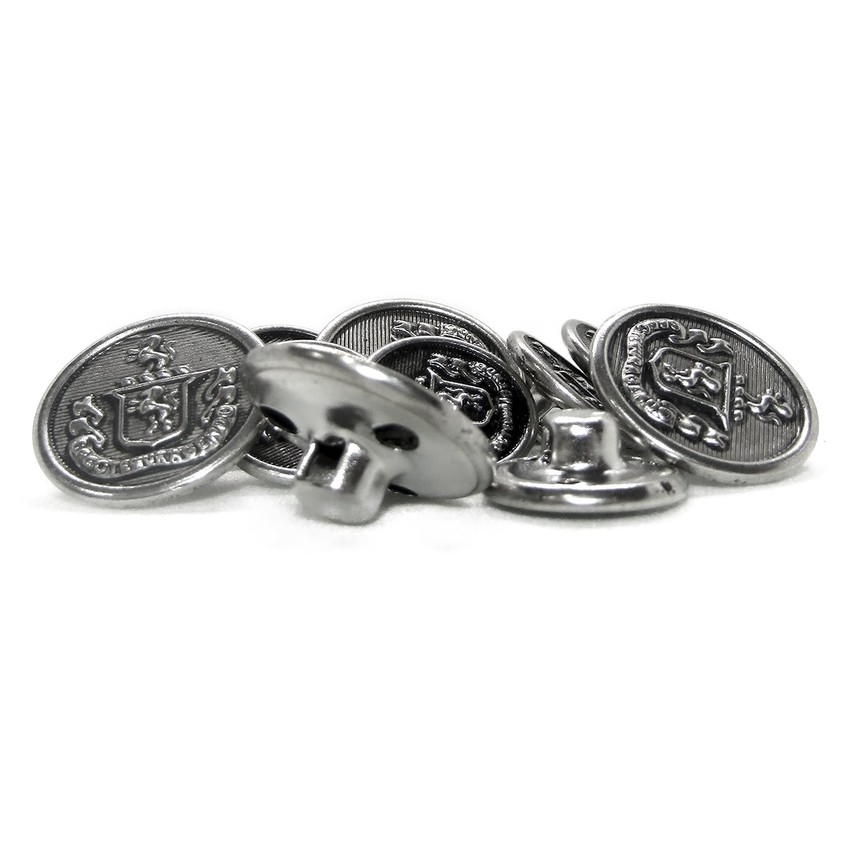 Lion Crest Design Metal Blazer Buttons, shown in a scattered pile on a white background, are perfect as replacement blazer buttons for a classic, distinguished style.