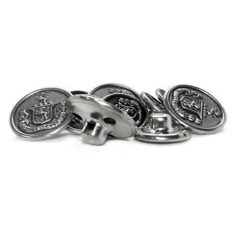 Lion Crest Design Metal Blazer Buttons, shown in a scattered pile on a white background, are perfect as replacement blazer buttons for a classic, distinguished style.