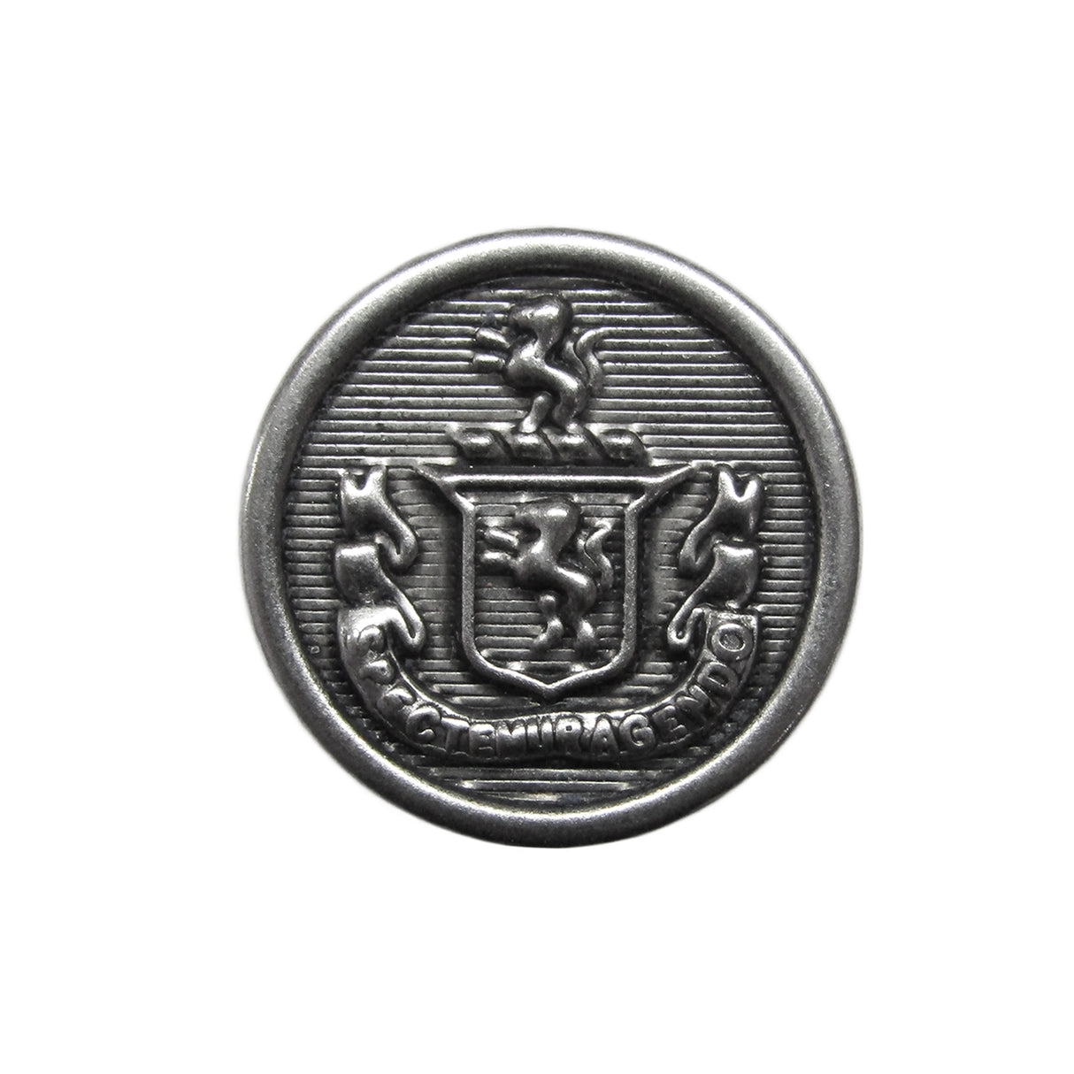 Lion Crest Design Metal Blazer Buttons—round metal buttons featuring a raised lion crest, coat of arms, and banner; perfect as replacement blazer buttons.
