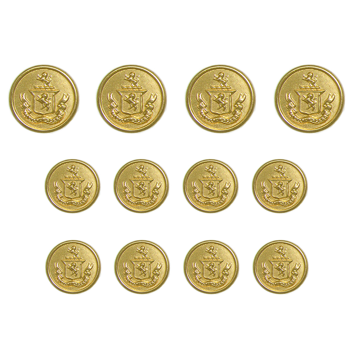 Eleven Lion Crest Design Metal Blazer Buttons featuring an elegant crest are neatly arranged in rows on a white background.