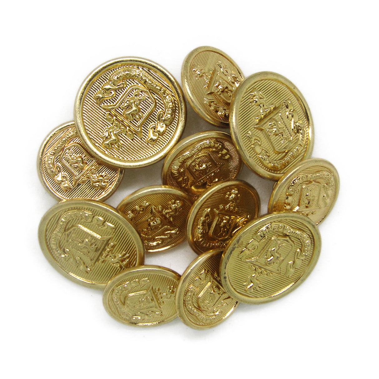 A collection of Lion Crest Design Metal Blazer Buttons, each featuring an engraved detailed crest and shield, with a shiny gold finish.
