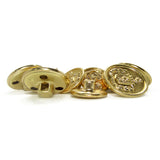 A set of gold-colored Lion Crest Design Metal Blazer Buttons with embossed details displayed on a white surface.