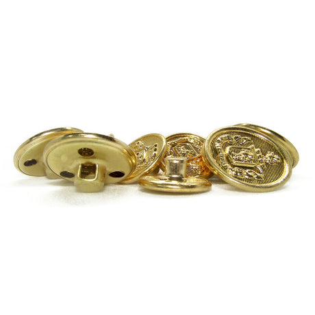 A set of gold-colored Lion Crest Design Metal Blazer Buttons with embossed details displayed on a white surface.