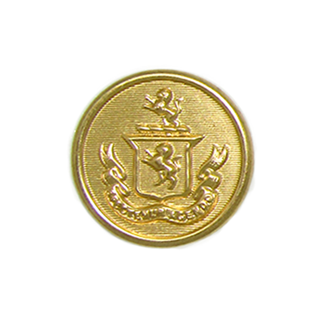 The Lion Crest Design Metal Blazer Button features a gold finish, a lion crest, and a banner below the shield—perfect as a stylish replacement for your blazer.
