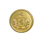 The Lion Crest Design Metal Blazer Button features a gold finish, a lion crest, and a banner below the shield—perfect as a stylish replacement for your blazer.