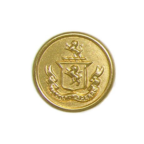 The Lion Crest Design Metal Blazer Button features a gold finish, a lion crest, and a banner below the shield—perfect as a stylish replacement for your blazer.