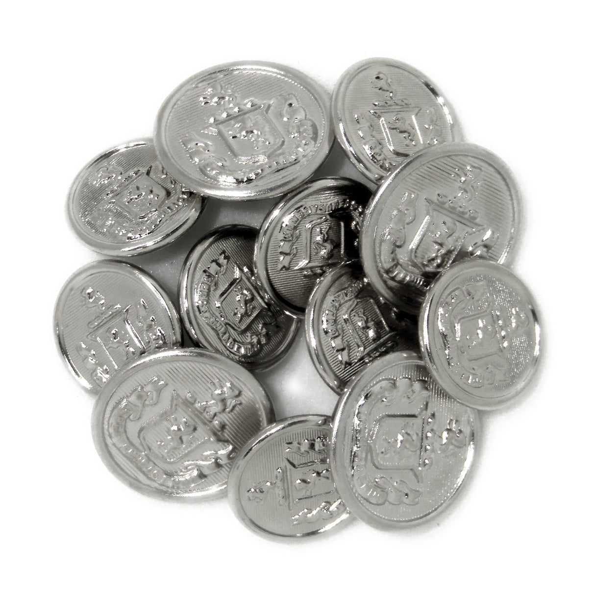 Lion Crest Design Metal Blazer Buttons—shiny metal buttons with a detailed lion crest emblem, ideal as replacement blazer buttons.