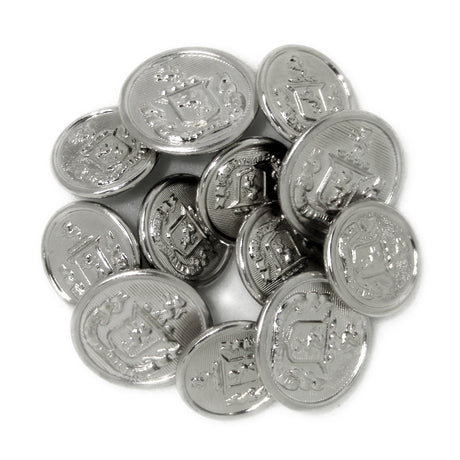 Lion Crest Design Metal Blazer Buttons—shiny metal buttons with a detailed lion crest emblem, ideal as replacement blazer buttons.