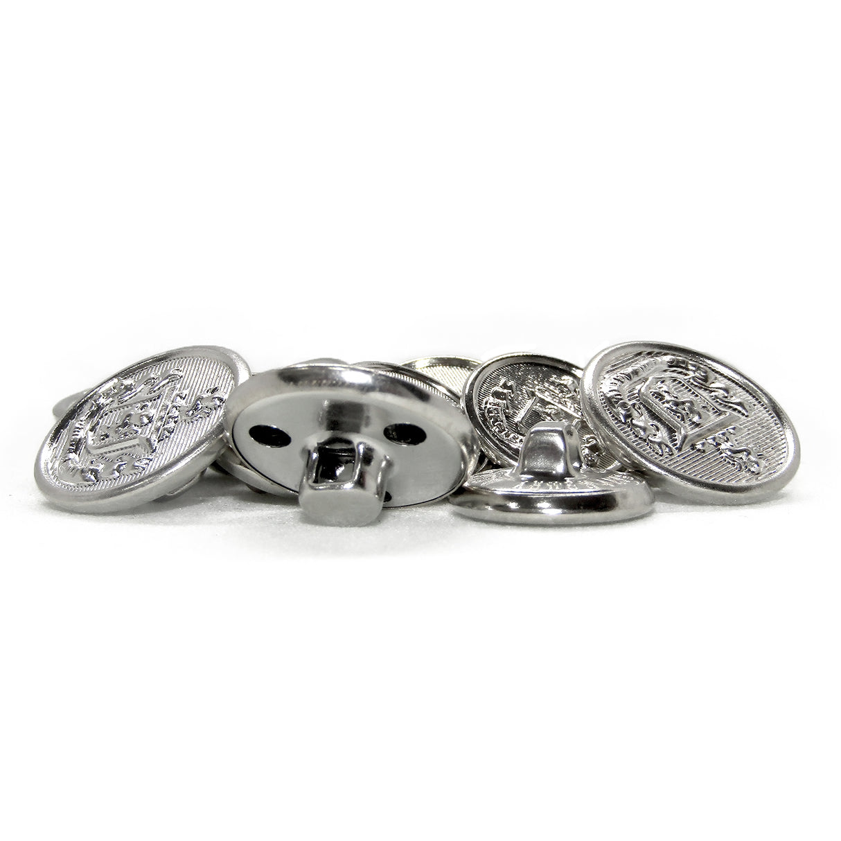 Five Lion Crest Design Metal Blazer Buttons, shown on a white surface—the ideal classic replacement buttons for your blazer.