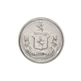 Lion Crest Design Metal Blazer Buttons featuring a silver shield with two horses, a knight, and a banner, inspired by classic crest motifs.
