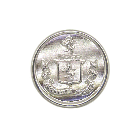 Lion Crest Design Metal Blazer Buttons featuring a silver shield with two horses, a knight, and a banner, inspired by classic crest motifs.