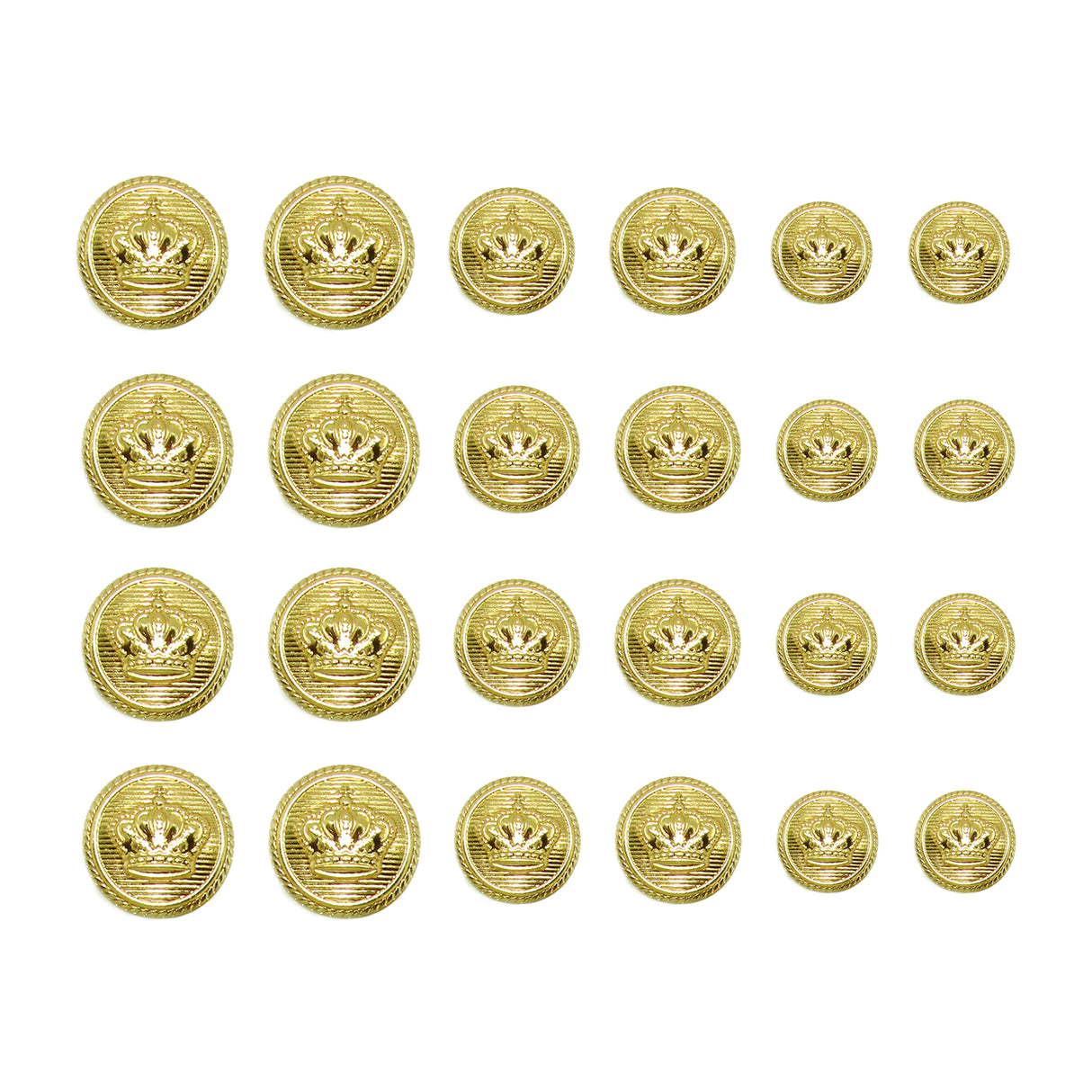 Twenty-four Crown Design Metal Blazer Buttons are arranged in a grid on a white background, ideal as replacement buttons for blazers.