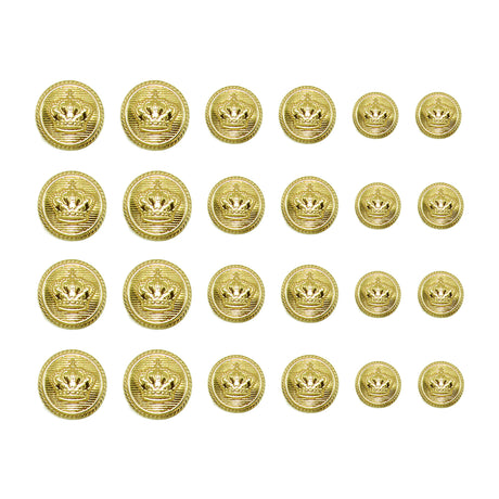 Twenty-four Crown Design Metal Blazer Buttons are arranged in a grid on a white background, ideal as replacement buttons for blazers.