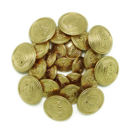 Crown Design Metal Blazer Buttons—shiny gold buttons engraved with a crown motif, arranged in a circle and ideal as replacement blazer buttons.