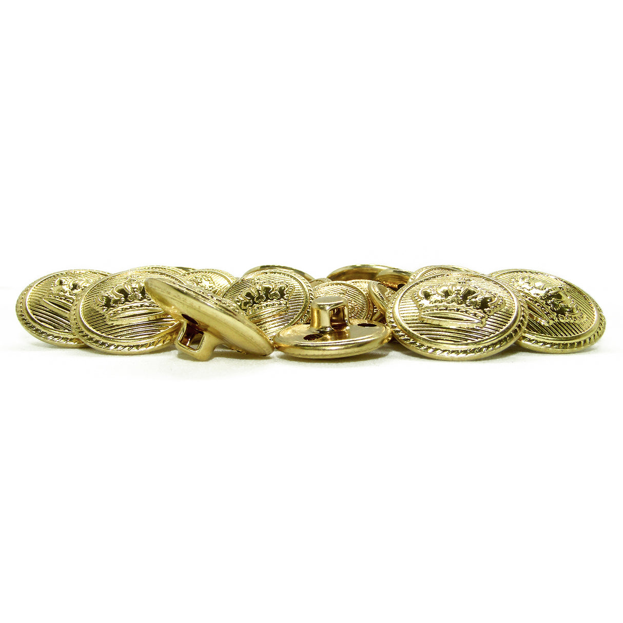 A set of Crown Design Metal Blazer Buttons, featuring shiny gold metal with crown motifs, is displayed on a white background—ideal as replacement blazer buttons.