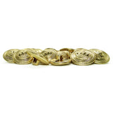A set of Crown Design Metal Blazer Buttons, featuring shiny gold metal with crown motifs, is displayed on a white background—ideal as replacement blazer buttons.
