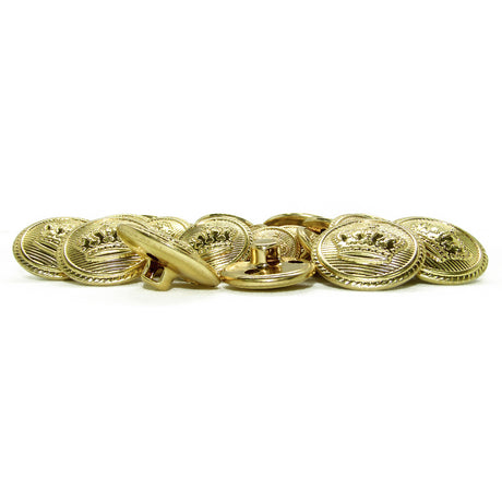 A set of Crown Design Metal Blazer Buttons, featuring shiny gold metal with crown motifs, is displayed on a white background—ideal as replacement blazer buttons.