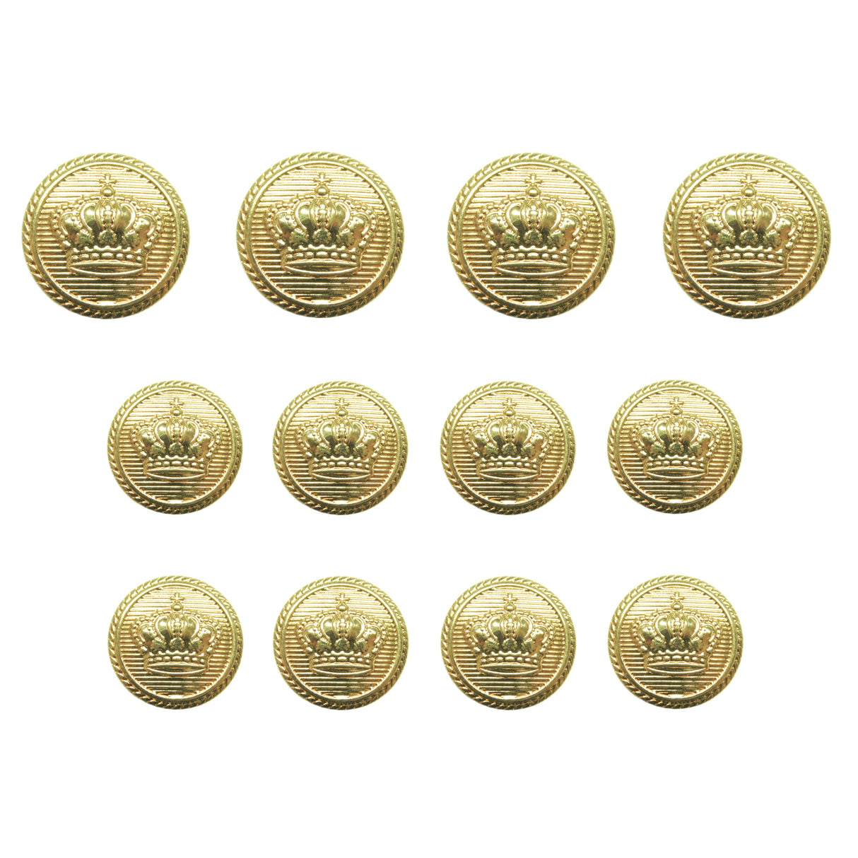 Twelve Crown Design Metal Blazer Buttons, ideal for replacing blazer buttons, are displayed in three rows on a white background.