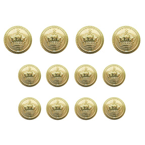 Twelve Crown Design Metal Blazer Buttons, ideal for replacing blazer buttons, are displayed in three rows on a white background.