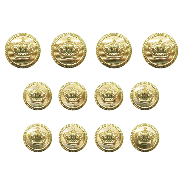 Twelve Crown Design Metal Blazer Buttons, ideal for replacing blazer buttons, are displayed in three rows on a white background.
