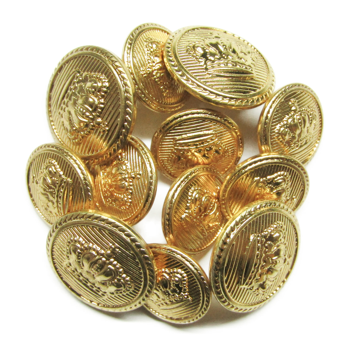 Crown Design Metal Blazer Buttons—shiny gold buttons embossed with a crown, arranged in a circle—ideal replacements for blazer buttons.