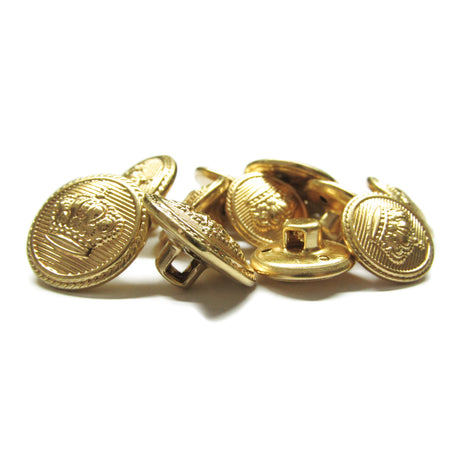 Crown Design Metal Blazer Buttons featuring embossed crowns are displayed on a white background, ideal as replacement buttons.