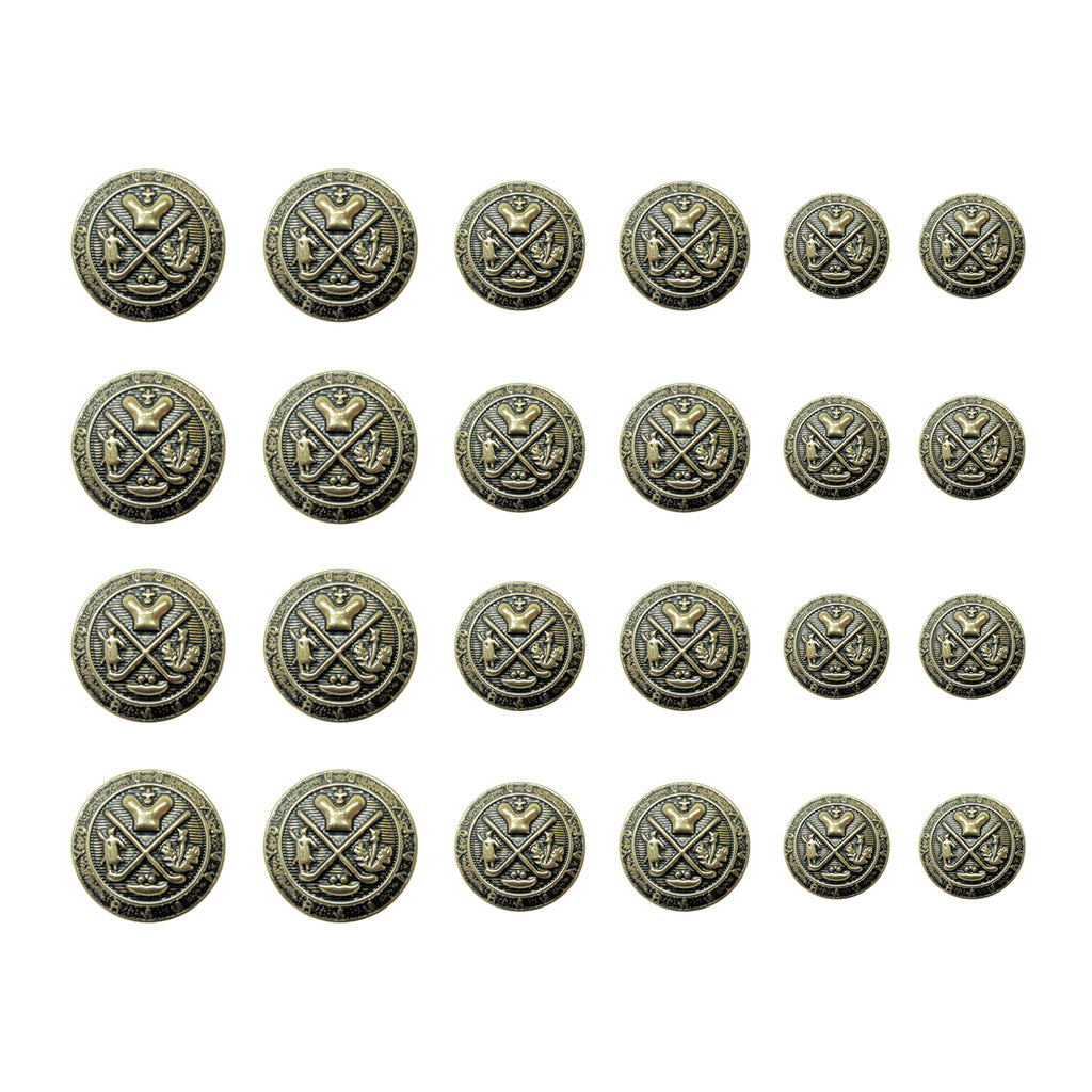 Twenty Coat of Arms Design Metal Blazer Buttons in antique gold, arranged in four equal-sized rows—ideal for giving your uniform or coat a distinguished look.