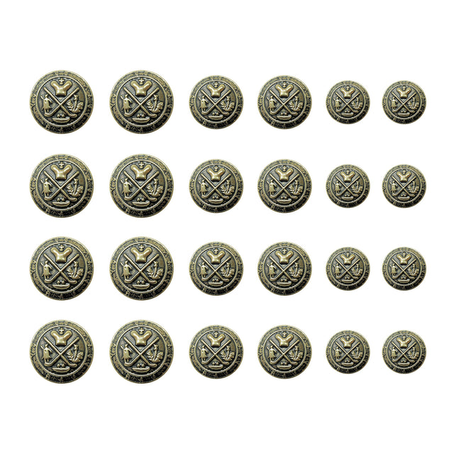 Twenty Coat of Arms Design Metal Blazer Buttons in antique gold, arranged in four equal-sized rows—ideal for giving your uniform or coat a distinguished look.