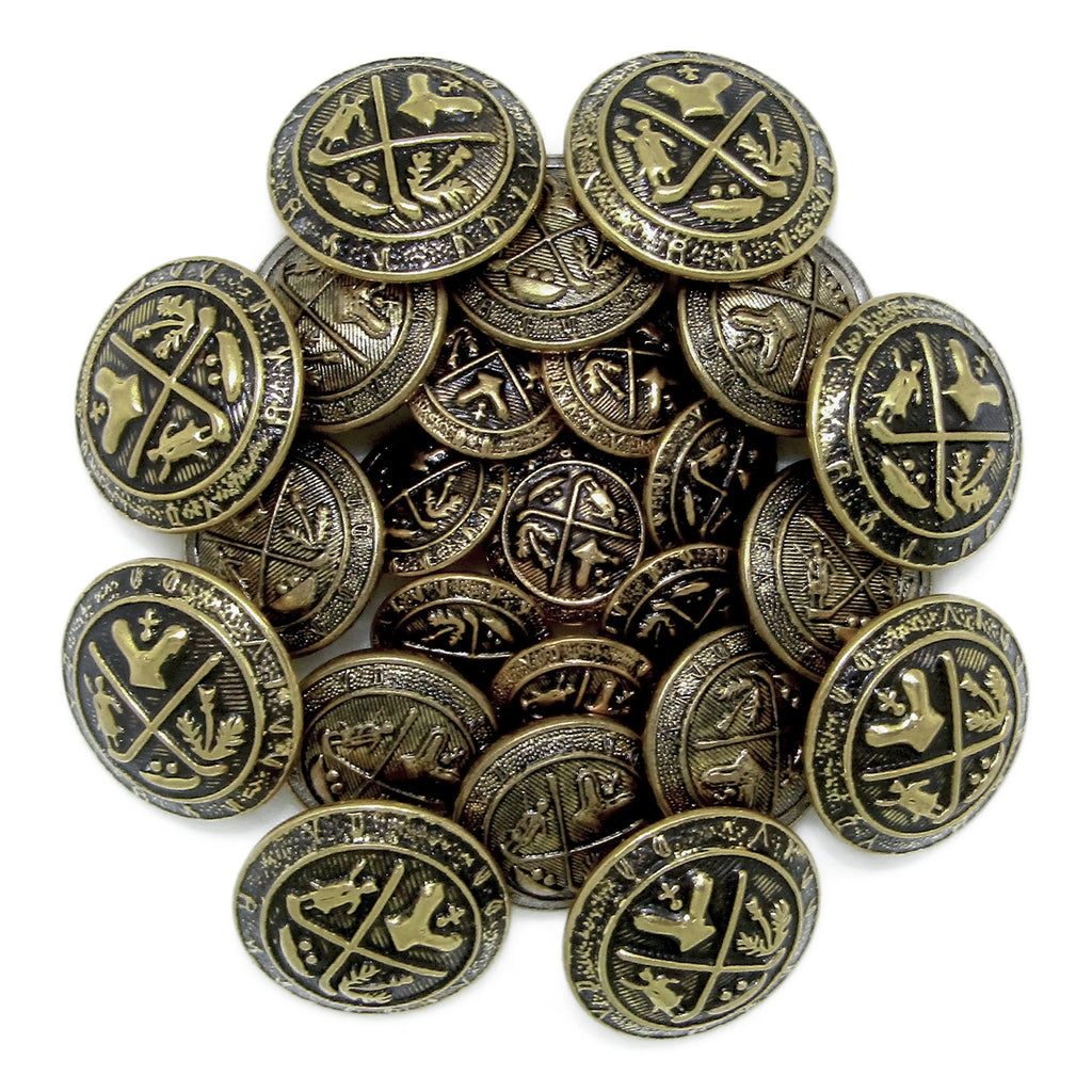 A collection of Coat of Arms Design Metal Blazer Buttons featuring ornate crest designs in antique gold and black.