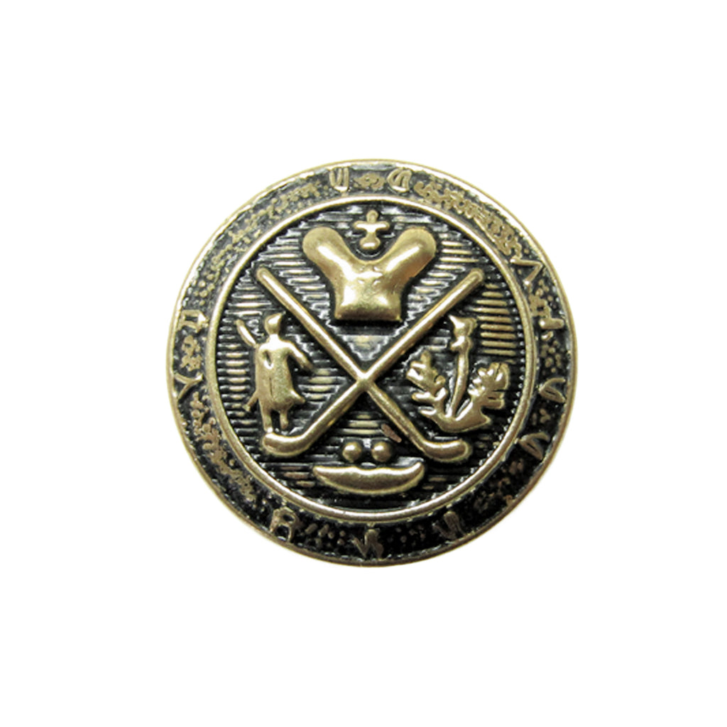 Gold and black Coat of Arms Design Metal Blazer Buttons with crossed golf clubs, crown, figure, laurel, and circular text—ideal for an elegant, distinguished look.