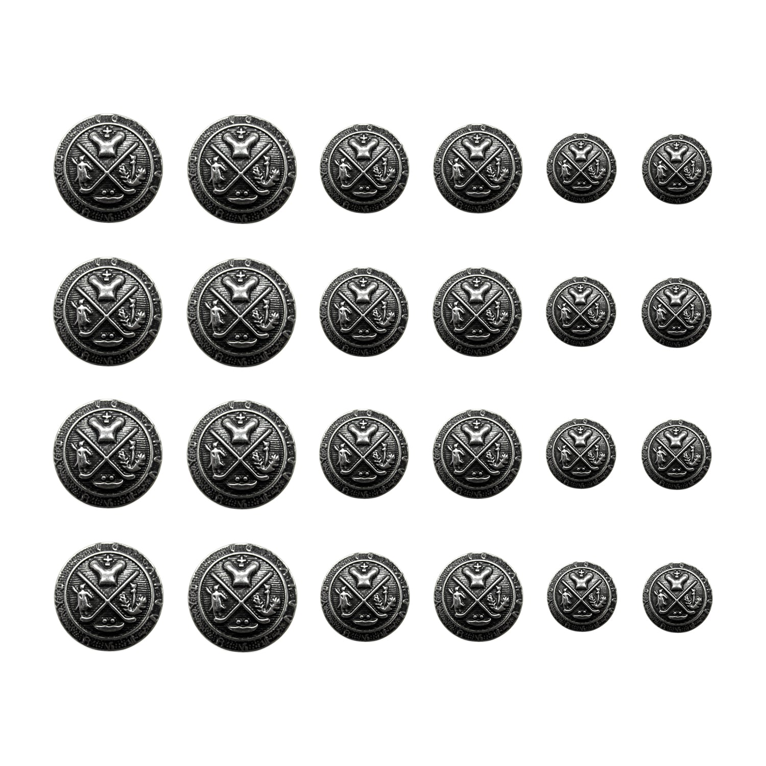Twenty-five Coat of Arms Design Metal Blazer Buttons are arranged in a 5x5 grid on a white background, featuring crossed rifle and sword details—perfect for adding an elegant statement to any blazer.