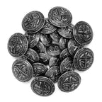 A set of antique-style silver coins featuring intricate engravings and symbols, evoking the look of Coat of Arms Design Metal Blazer Buttons from a bygone era.