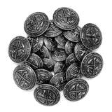 A set of antique-style silver coins featuring intricate engravings and symbols, evoking the look of Coat of Arms Design Metal Blazer Buttons from a bygone era.