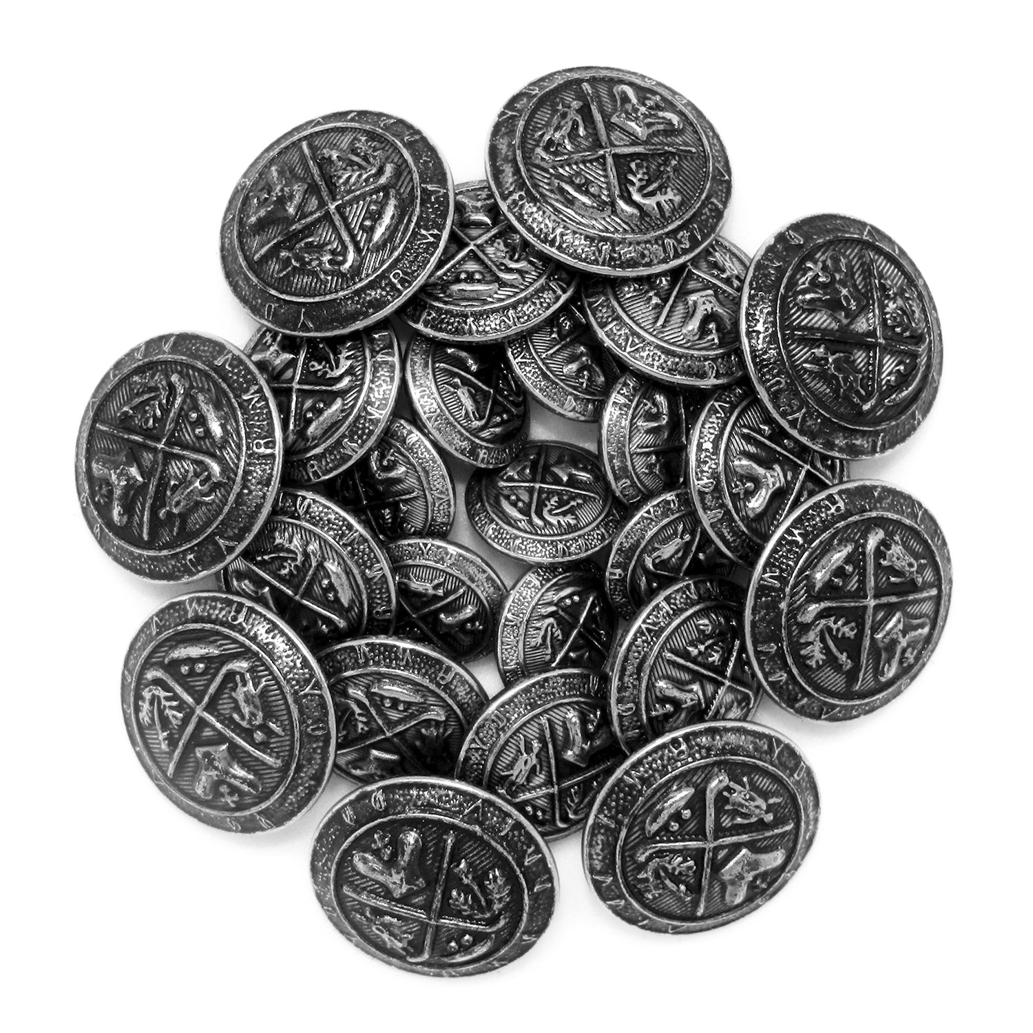 A set of antique-style silver coins featuring intricate engravings and symbols, evoking the look of Coat of Arms Design Metal Blazer Buttons from a bygone era.