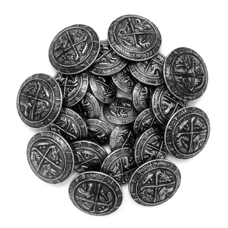 A set of antique-style silver coins featuring intricate engravings and symbols, evoking the look of Coat of Arms Design Metal Blazer Buttons from a bygone era.