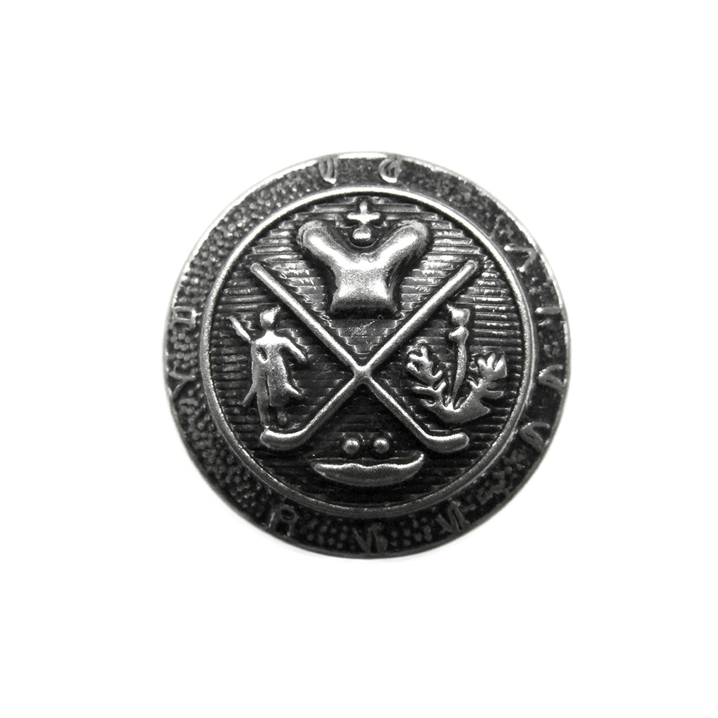 Elegant round silver button featuring a crown, crossed scepters, and intricate symbols on a textured background—a refined pick from our Coat of Arms Design Metal Blazer Buttons collection.