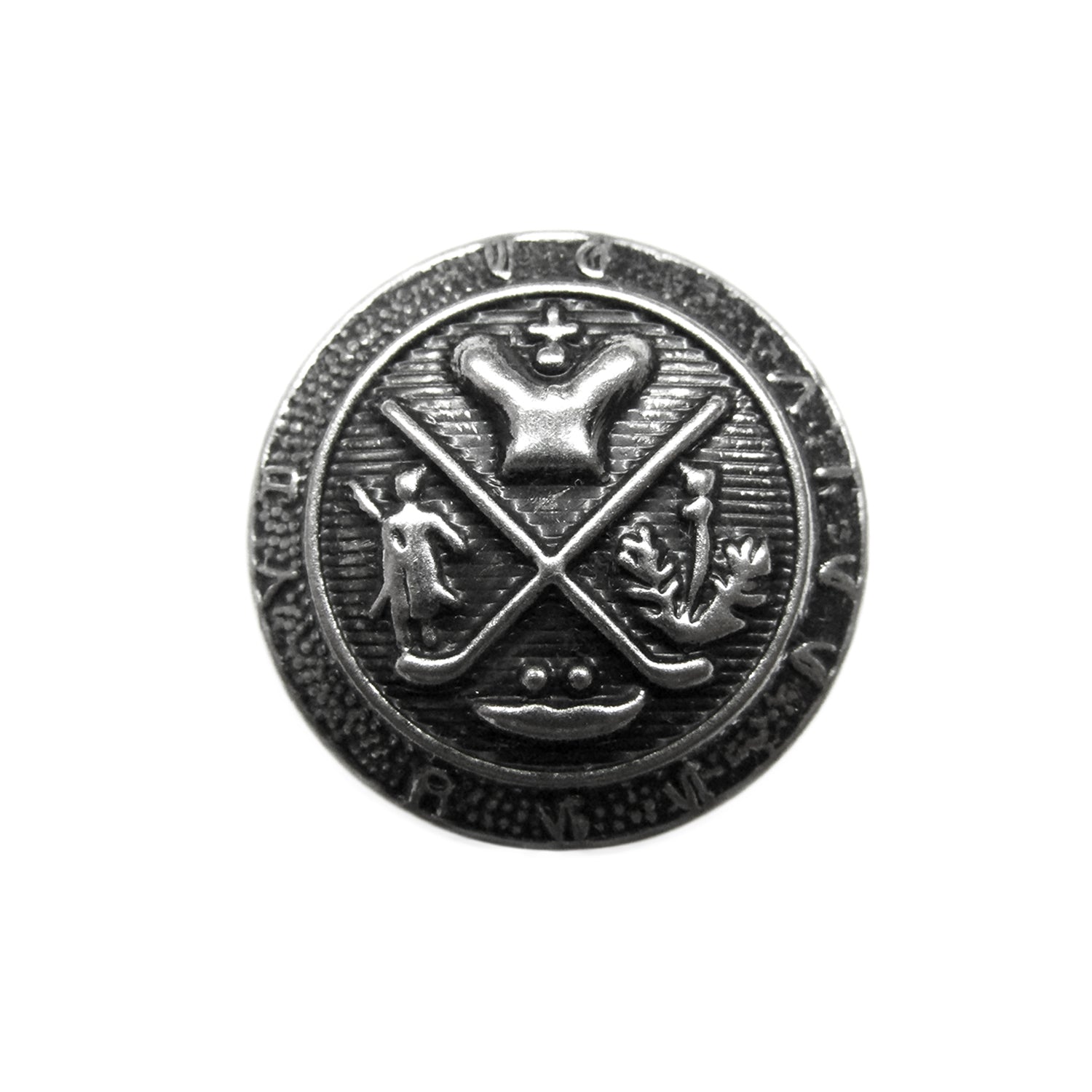Elegant round silver button featuring a crown, crossed scepters, and intricate symbols on a textured background—a refined pick from our Coat of Arms Design Metal Blazer Buttons collection.