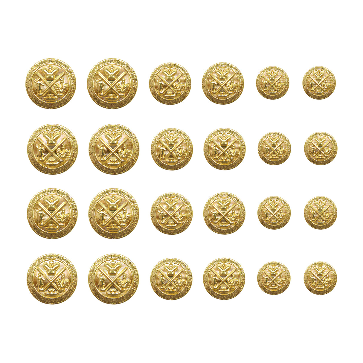 Twenty Coat of Arms Design Metal Blazer Buttons, featuring shields and crossed swords, are arranged in four rows on a white background—ideal for adding classic style to any blazer.