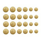 Twenty Coat of Arms Design Metal Blazer Buttons, featuring shields and crossed swords, are arranged in four rows on a white background—ideal for adding classic style to any blazer.