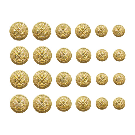 Twenty Coat of Arms Design Metal Blazer Buttons, featuring shields and crossed swords, are arranged in four rows on a white background—ideal for adding classic style to any blazer.