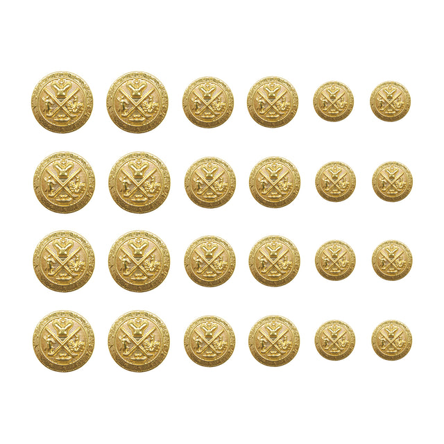 Twenty Coat of Arms Design Metal Blazer Buttons, featuring shields and crossed swords, are arranged in four rows on a white background—ideal for adding classic style to any blazer.