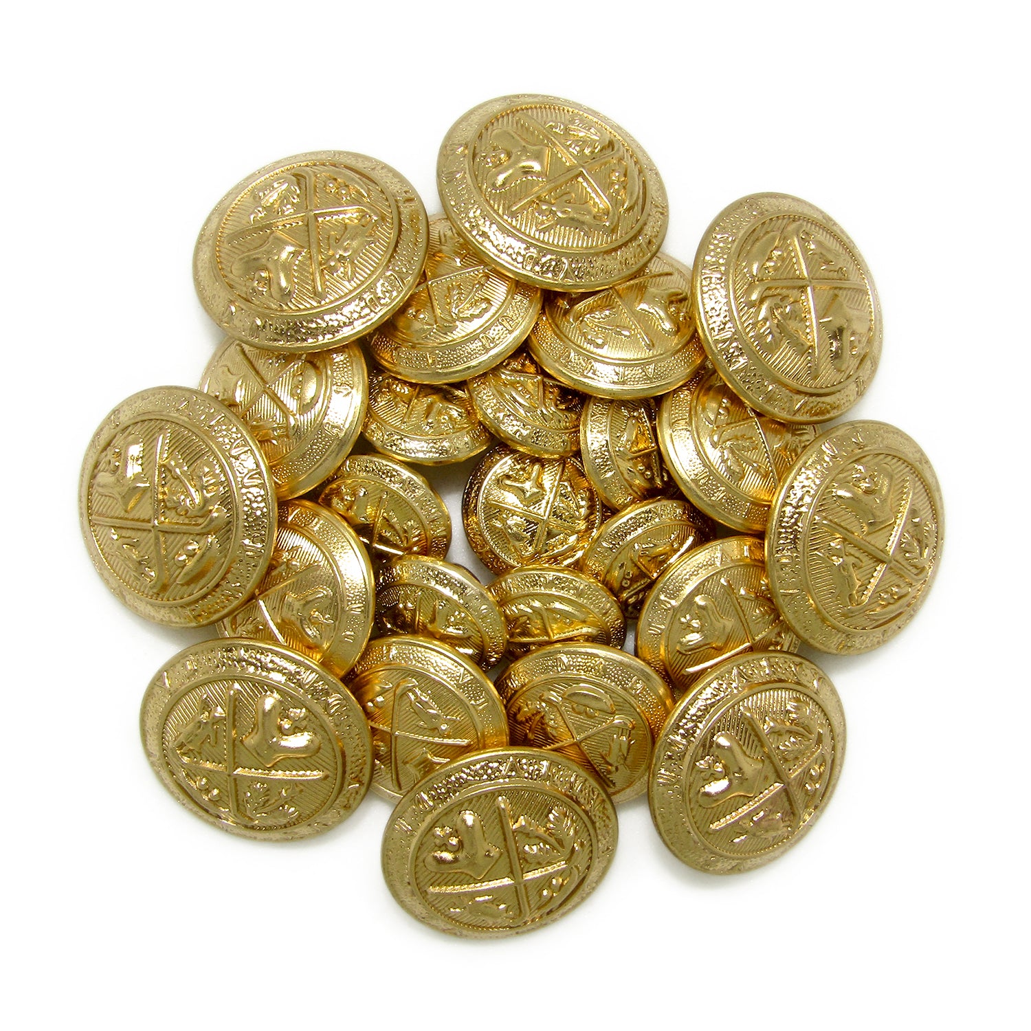 A pile of Coat of Arms Design Metal Blazer Buttons featuring shiny, intricate antique gold engravings.