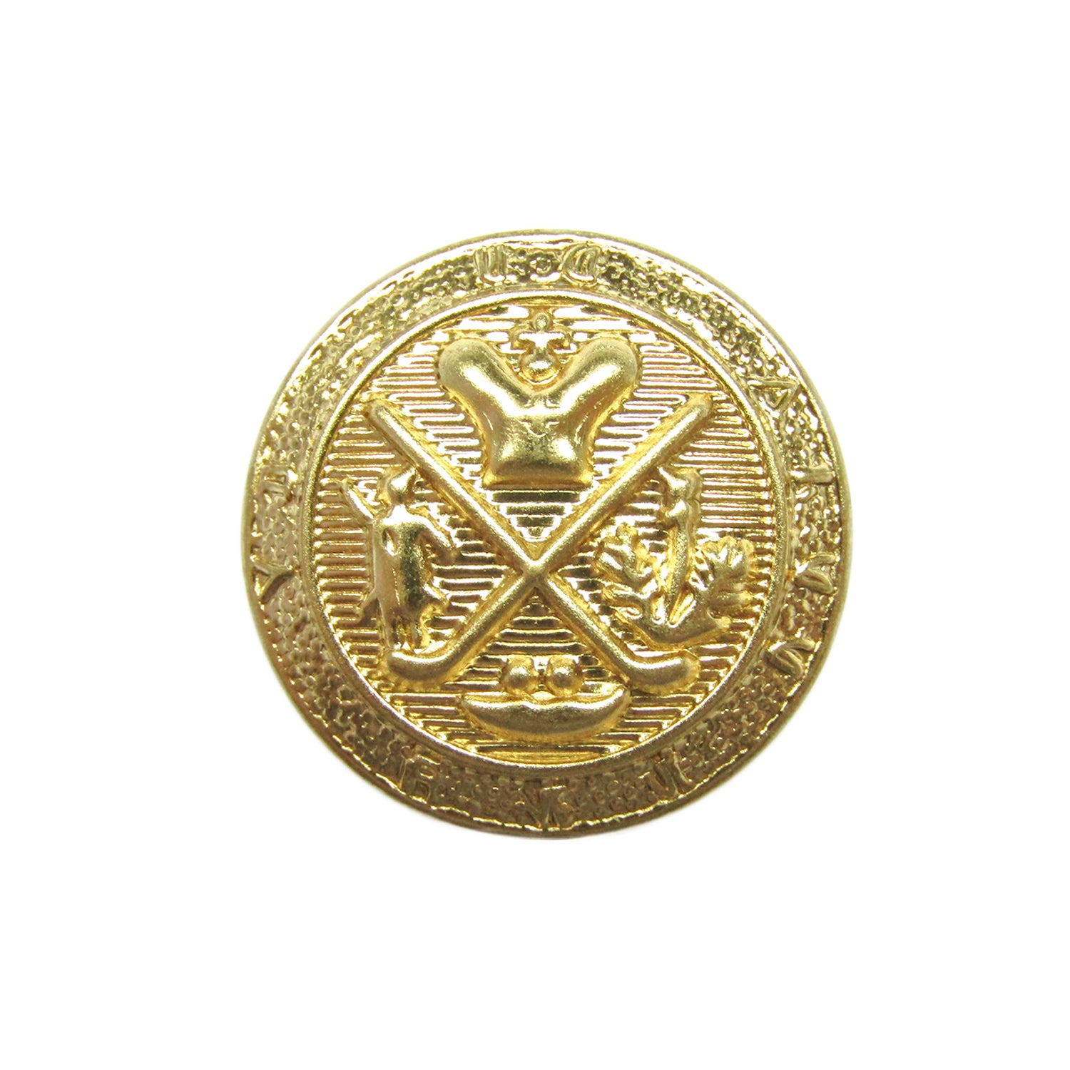 Coat of Arms Design Metal Blazer Button in antique gold features a crest with crossed axes, crown, and animals on either side—perfect for giving your blazer a touch of classic elegance.
