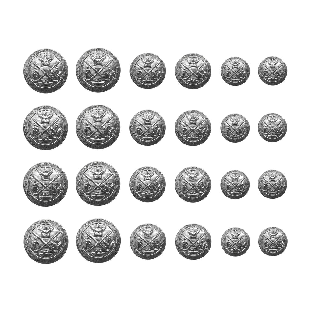 Twenty Coat of Arms Design Metal Blazer Buttons are arranged in five rows, decreasing in size from left to right, and displayed on a white background.