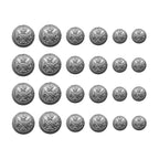 Twenty Coat of Arms Design Metal Blazer Buttons are arranged in five rows, decreasing in size from left to right, and displayed on a white background.