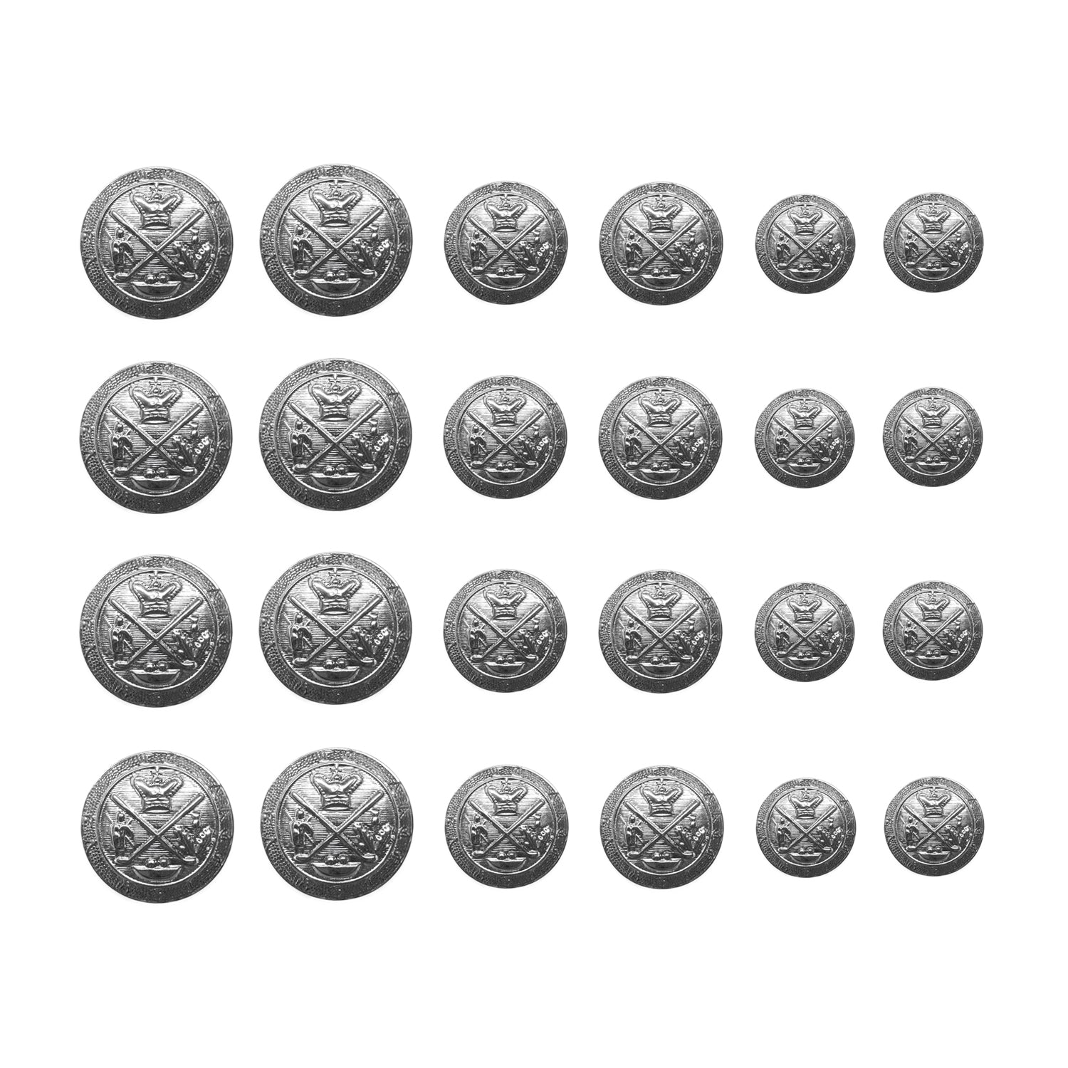 Twenty Coat of Arms Design Metal Blazer Buttons are arranged in five rows, decreasing in size from left to right, and displayed on a white background.