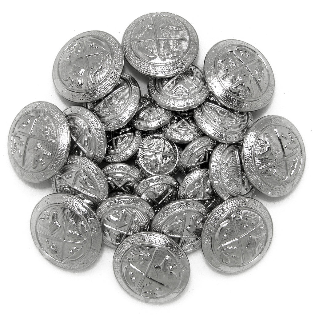 A pile of shiny Coat of Arms Design Metal Blazer Buttons featuring intricate details and a circular shape.