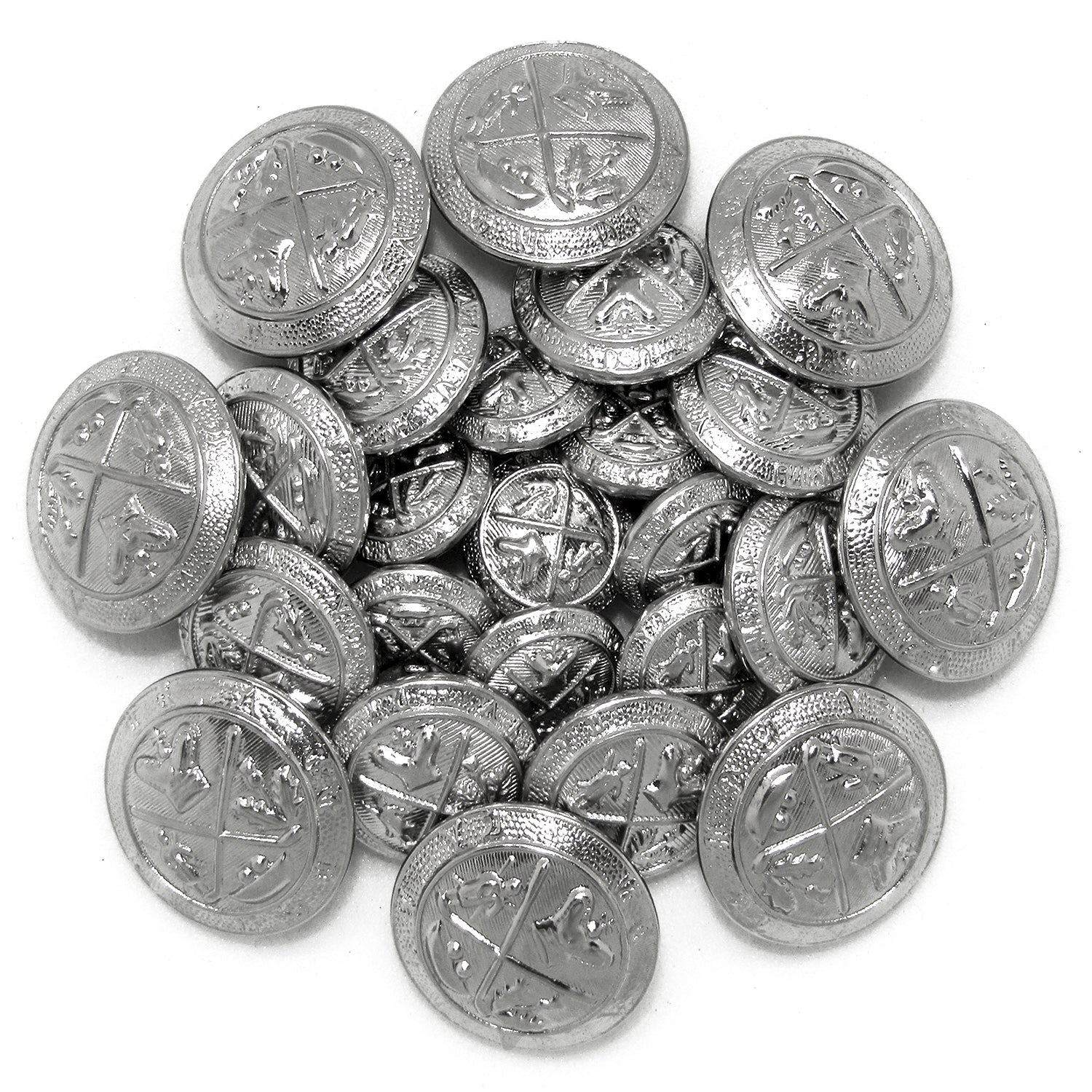 A pile of shiny Coat of Arms Design Metal Blazer Buttons featuring intricate details and a circular shape.