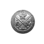 The Coat of Arms Design Metal Blazer Buttons are silver, circular emblems with a crown, crossed batons, and two seated figures facing each other, inspired by traditional blazer button motifs.